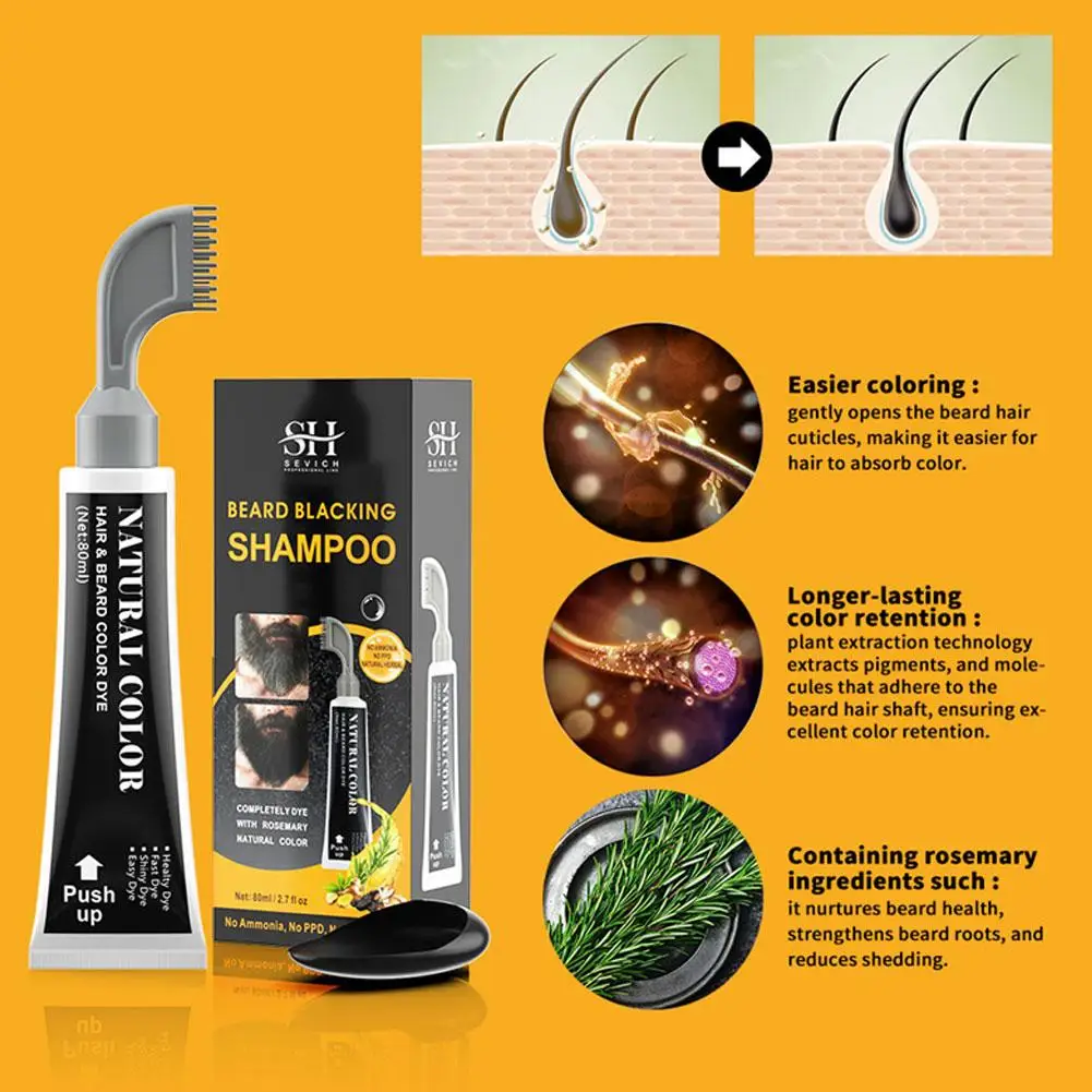 80ml Men's Mustache & Beard Dye For Gray Hair Coverage Natural Black Fruit And Vegetable Beard Stain With Brush For H3r5
