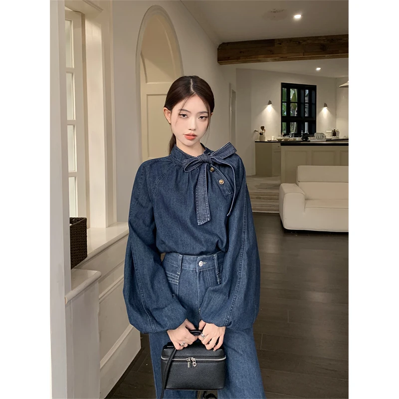 MEXZT Elegant Bow Denim Shirts Women Vintage Bandage Jeans Blouses Streetwear Korean Puff Long Sleeve Casual All Match Tops New