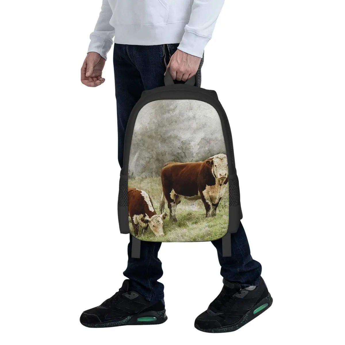 Mochila escolar com estampa de aquarela de touros e vacas de Hereford, mochila escolar para estudantes, mochila de viagem para caminhadas, bolsa de ombro fashion