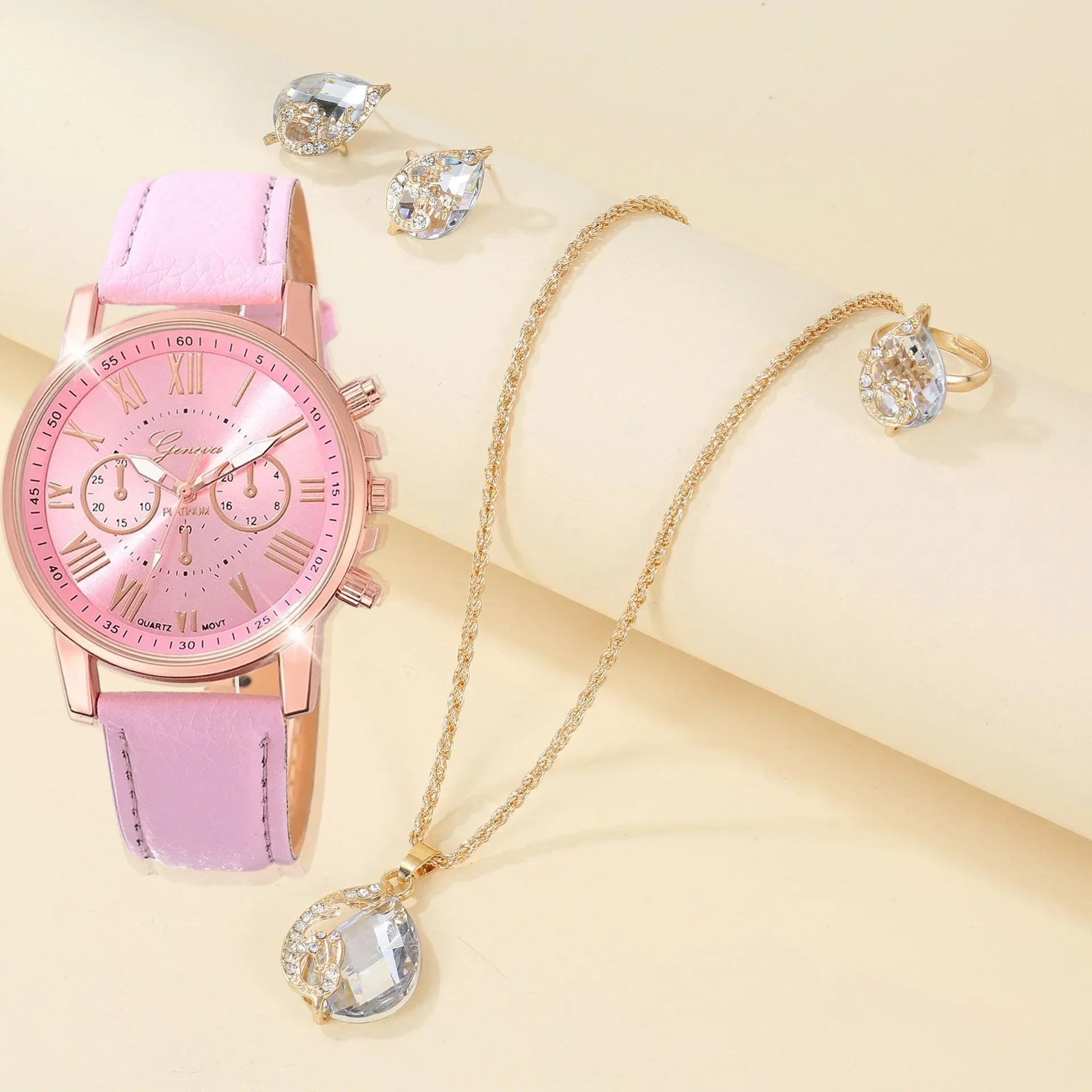 ساعة نسائية عصرية بمينا روماني بسيط، ساعة كوارتز، ساعة نسائية بحزام جلدي وقلادة وأقراط وخاتم