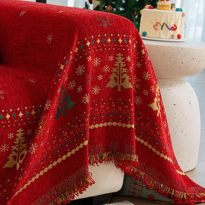 1pc Christmas Sofa Towel Chenille Sofa Throw Blanket With Tassels Couch Covers Living Room Furniture Protector