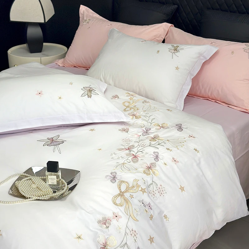 

White/Purple Pink Blue 100% Cotton Princess Flower Bow Angel Embroidery Bedding Set Duvet Cover Set Bed Sheet Set Pillowcases