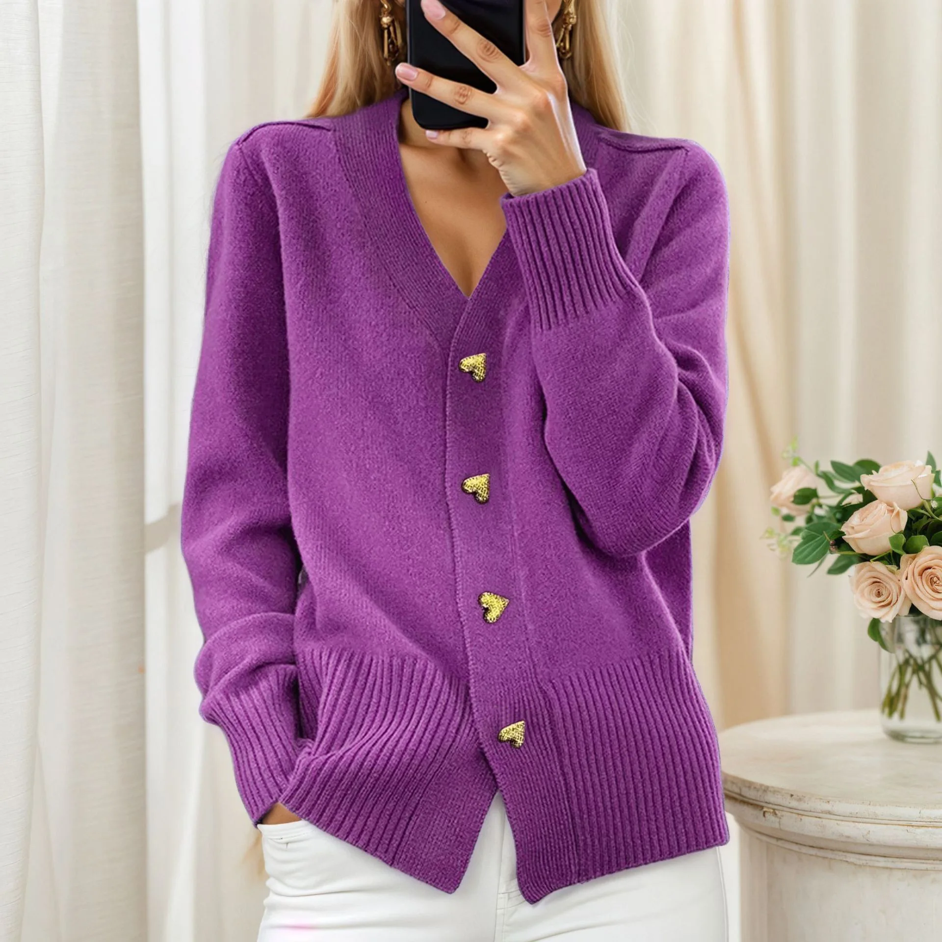 New Loose Women's Sweater Autumn Winter Casual Daily Commuter Style Cardigan Knitted Long-sleeved Single-breasted V-neck Coat 4