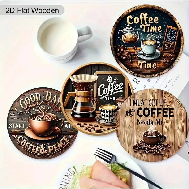 2D 6pcs Retro Coffee Time Wooden Napkin Set Coffee-Themed Design for Home Office Cafe Tabletop Decoration Unique Gift Idea