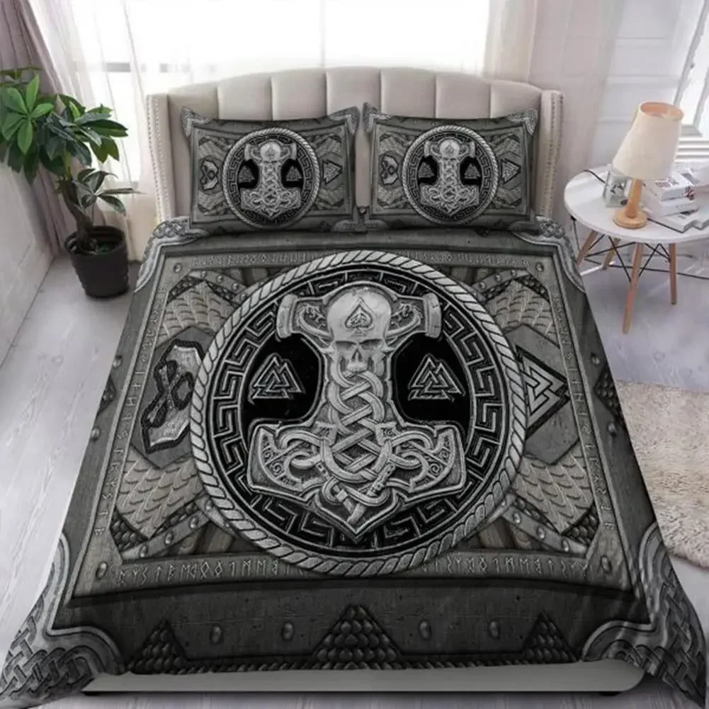 

Viking Vintage King Queen Duvet Cover Norse Myth Bedding Set Medieval Folklore Totem Quilt Cover Grey Polyester Comforter Cover