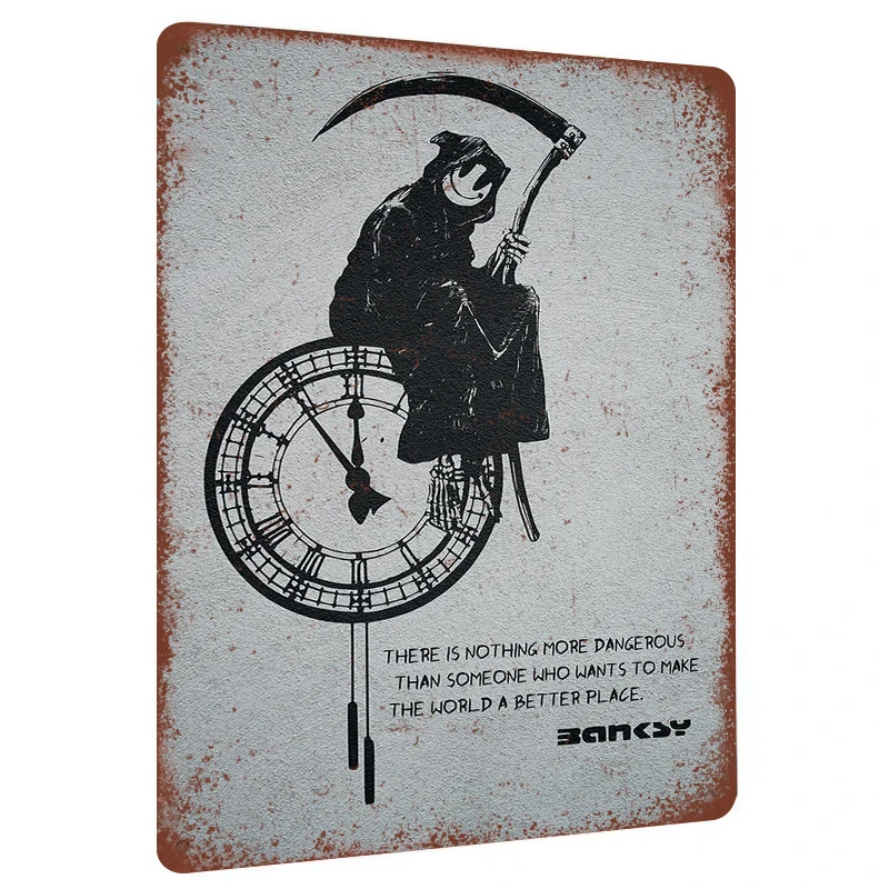 Banksy Reaper Clock Metal Wall Art Gothic Home Decor Vintage Style Iron Painting