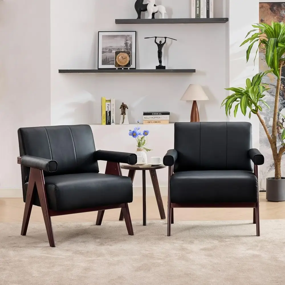 

Pair of Mid-Century Modern Black Leather Accent Chairs for Living Room and Office
