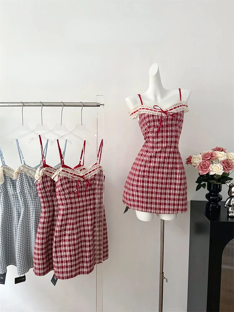 High Quality Plaid One-Piece Frocks Spring Summer Slash Neck Spaghetti Strap Dress Off Shoulder Sundress Sweet Elegant Fashion