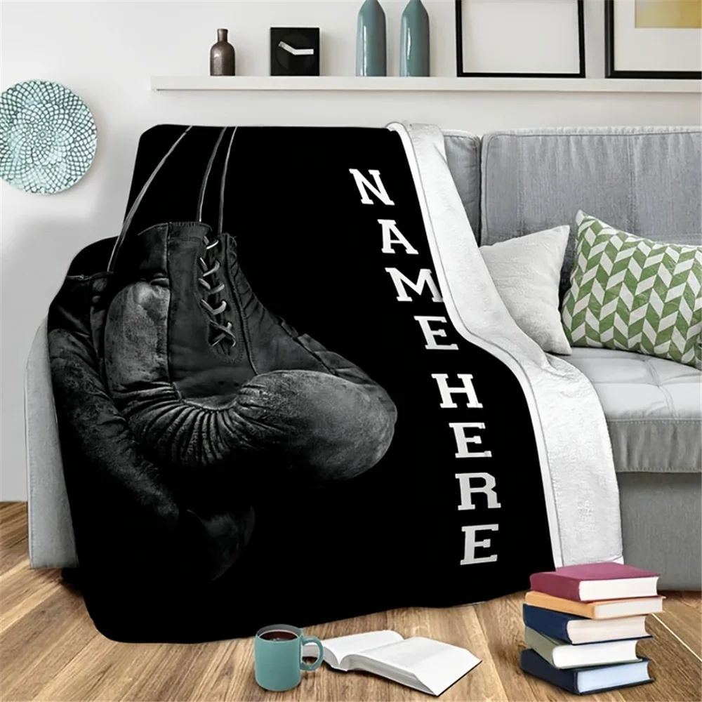 Custom name black boxing gloves flannel blanket, soft blanket, suitable for sofa, bed, birthdays, children, friends, gifts