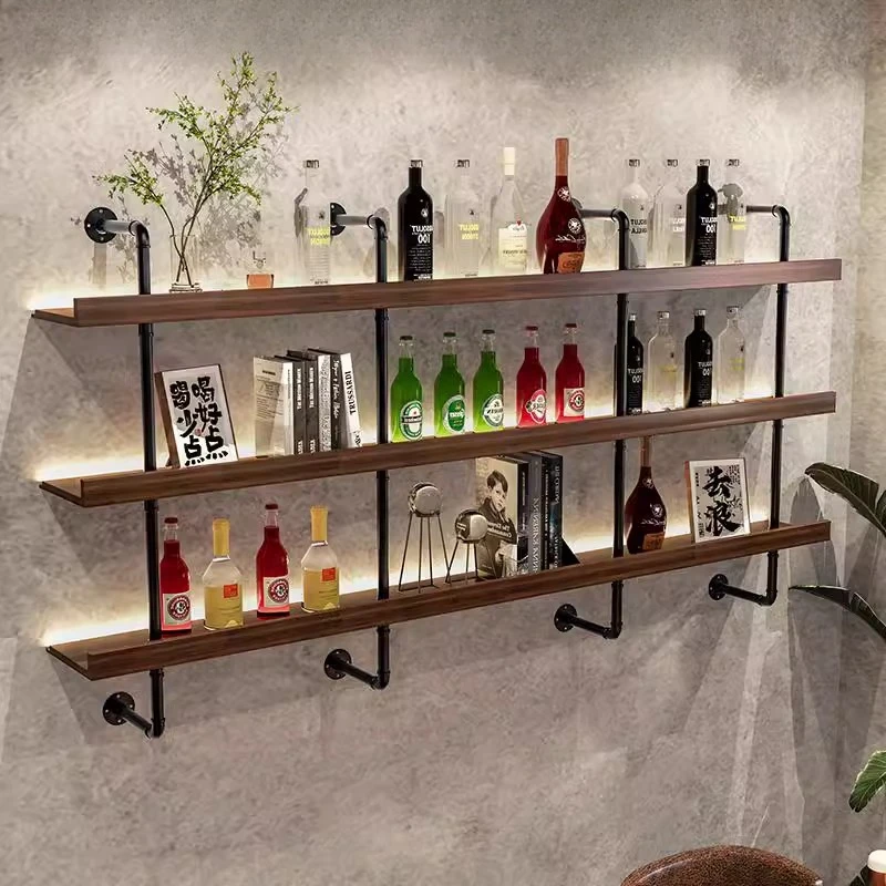 

Industrial style bar barbecue shop bar counter wall-mounted red wine wall wrought iron shelf guest restaurant bookshelf