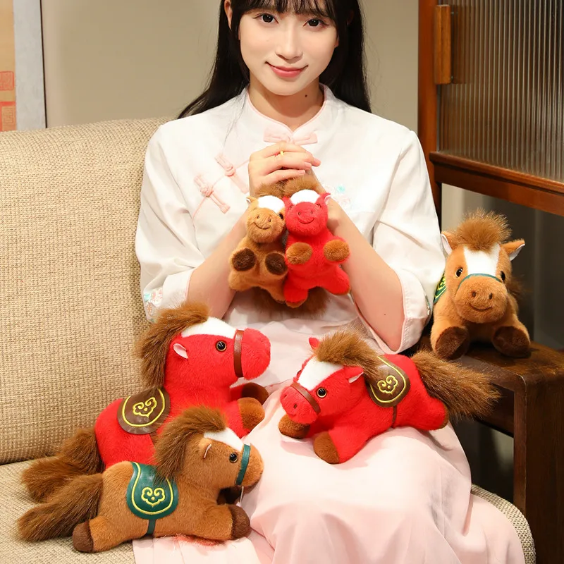 New 2026 Prone Pony Plush Animals Dolls Red Brown Horse Toys Baby Sleeping Pillow Baby Friends Birthday New Year Gifts for Baby