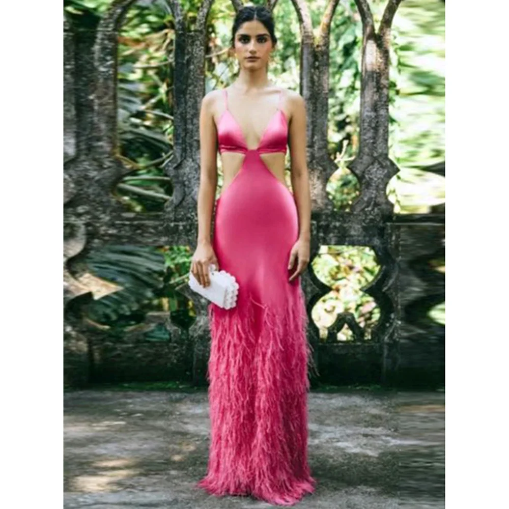 Sexy Spaghetti Feather Party Dresses Middle Eastern Style Cutaway Sides Floor Length Evening Gowns Cocktail Prom Dresses 2024