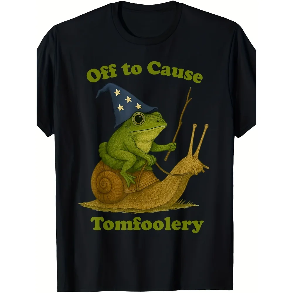 

Men's Funny Wizard Frog Meme T-Shirt - "Off to Commit Tomfoolery" Graphic with Wizard Hat & Snail - Retro Casual Crew Neck Tee