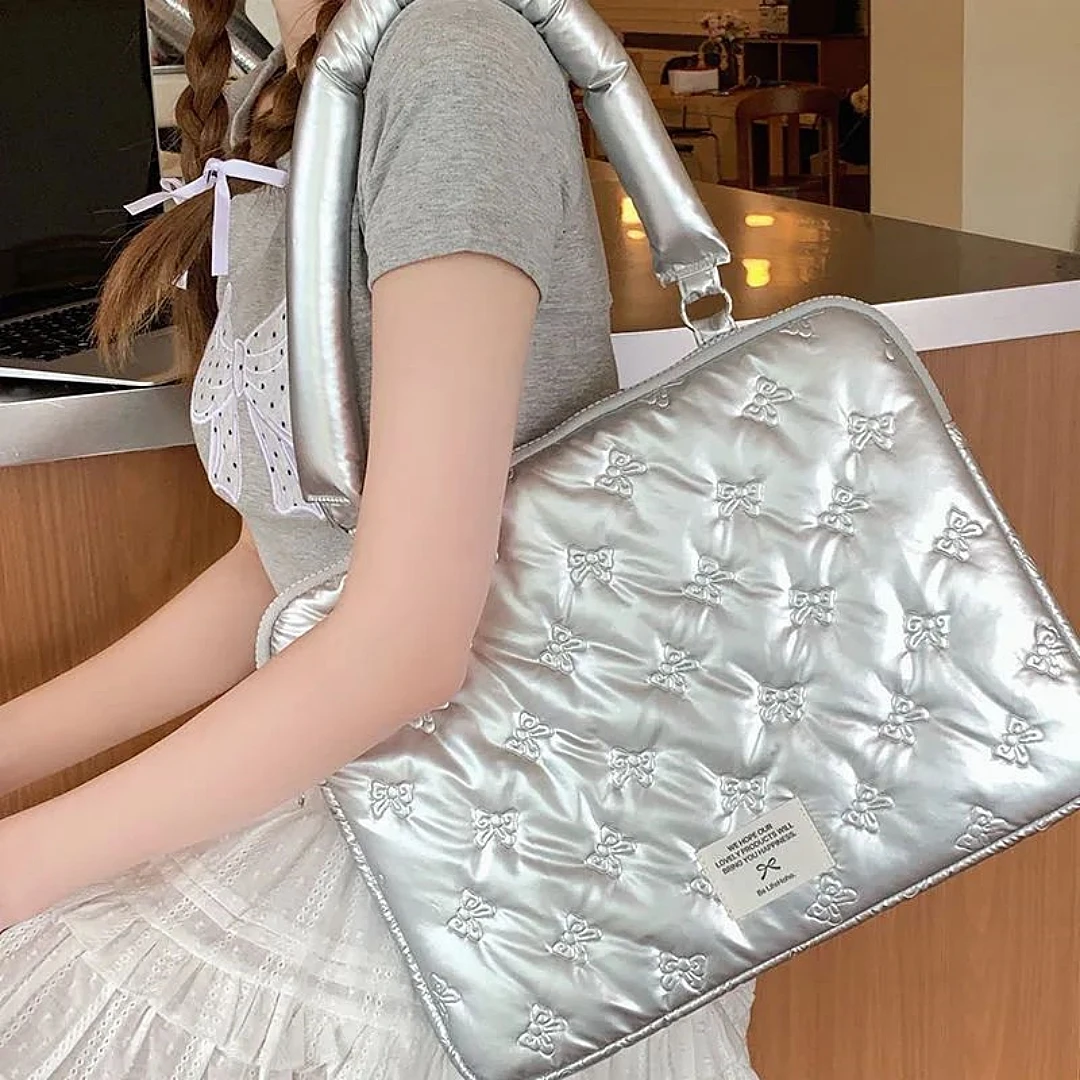 Sweet Cool Beauty Butterfly Bow Laptop Backpack, 14 inch Silver Space Cotton Waterproof Computer Tablet Shoulder Crossbody Bag