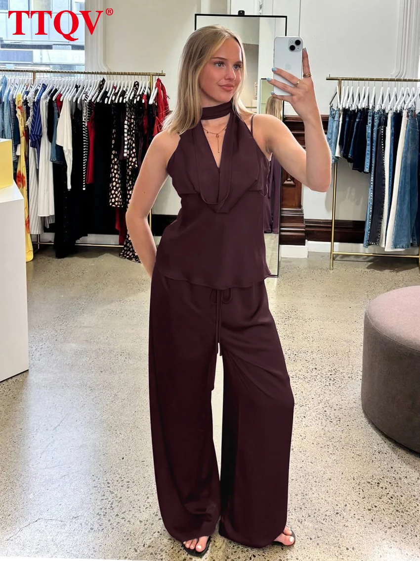 

TTQV Summer Loose Wine Red 2 Pieces Set For Woman 2026 Sexy Sleeveless Tank Top With High Waist Wide Pants Set Female Clothing