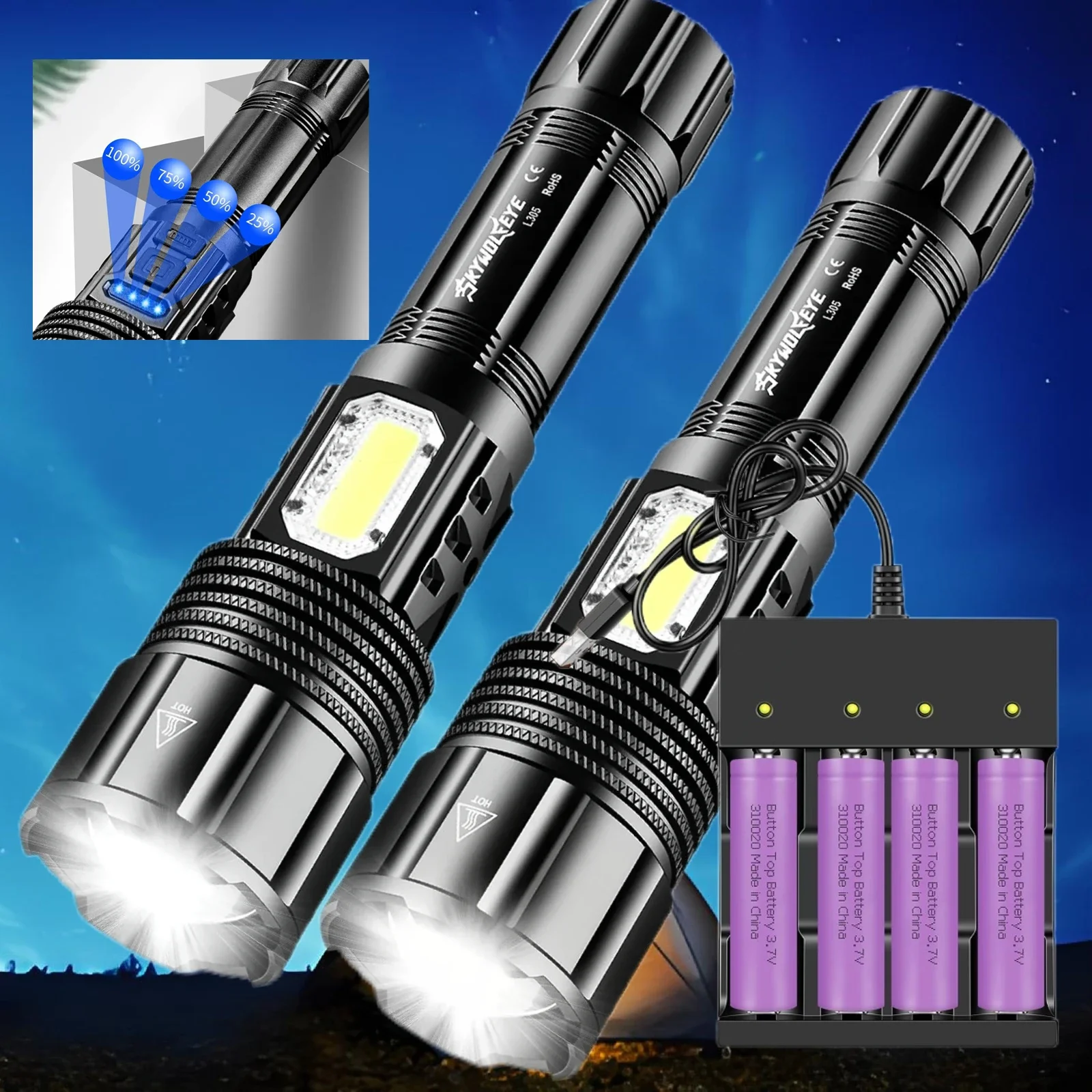 

Led Rechargable COB Flashlight Set Zoomable 5 Working Modes Waterproof Torch 4 Slot Battery Charger for Camping Hiking