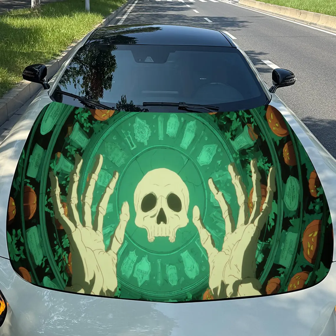 Mysterious Skull with Pumpkin and Hands Car Engine Hood Vinyl Wraps Sticker, Trendy Auto Cover Decal, Waterproof Self-adhesive V