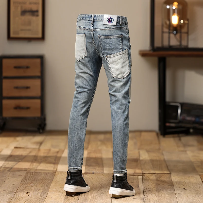 Street Fashion Men Jeans Retro Blue Stretch Skinny Fit Ripped Jeans Men Pocket Patched Designer Hip Hop Denim Pencil Pants Homme