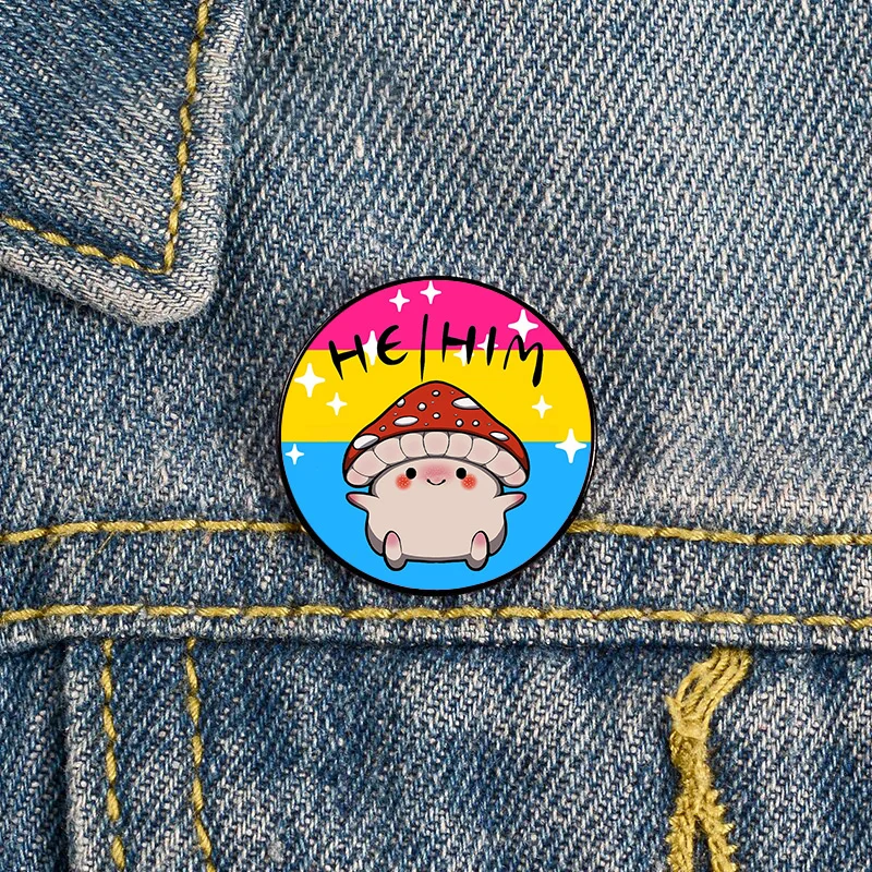 Pansexual pride Mushroom he him pronoun Pin Custom Funny vintage Brooches Shirt Lapel teacher Bag Badge pins for Lover Friends