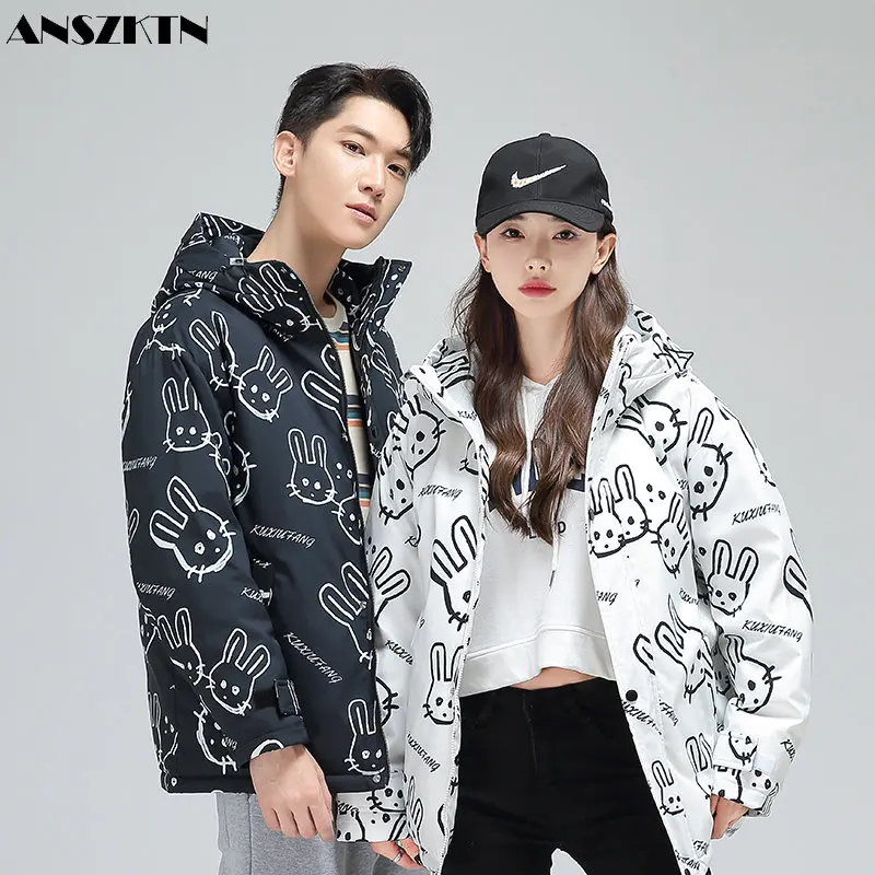 

ANSZKTN Men Unisex Winter thickened Manchuria women cartoon letter print couples short style hooded coat down jacket