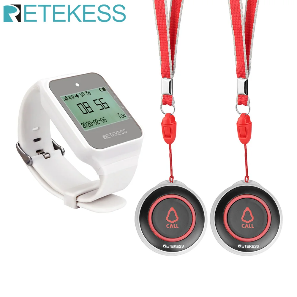 Retekess Caregiver Pager Wireless Nurse Calling System TD108 Watch Receiver + 2 TD019 Buttons for Elderly Disabled Nursing Home