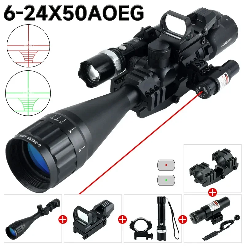 6-24x50 AOEG Optic Rifle Scope with HD101 Red Green Dot 4 Reticle Sight Red Green Dot Laser Flashlight Tactical Long-range Combo