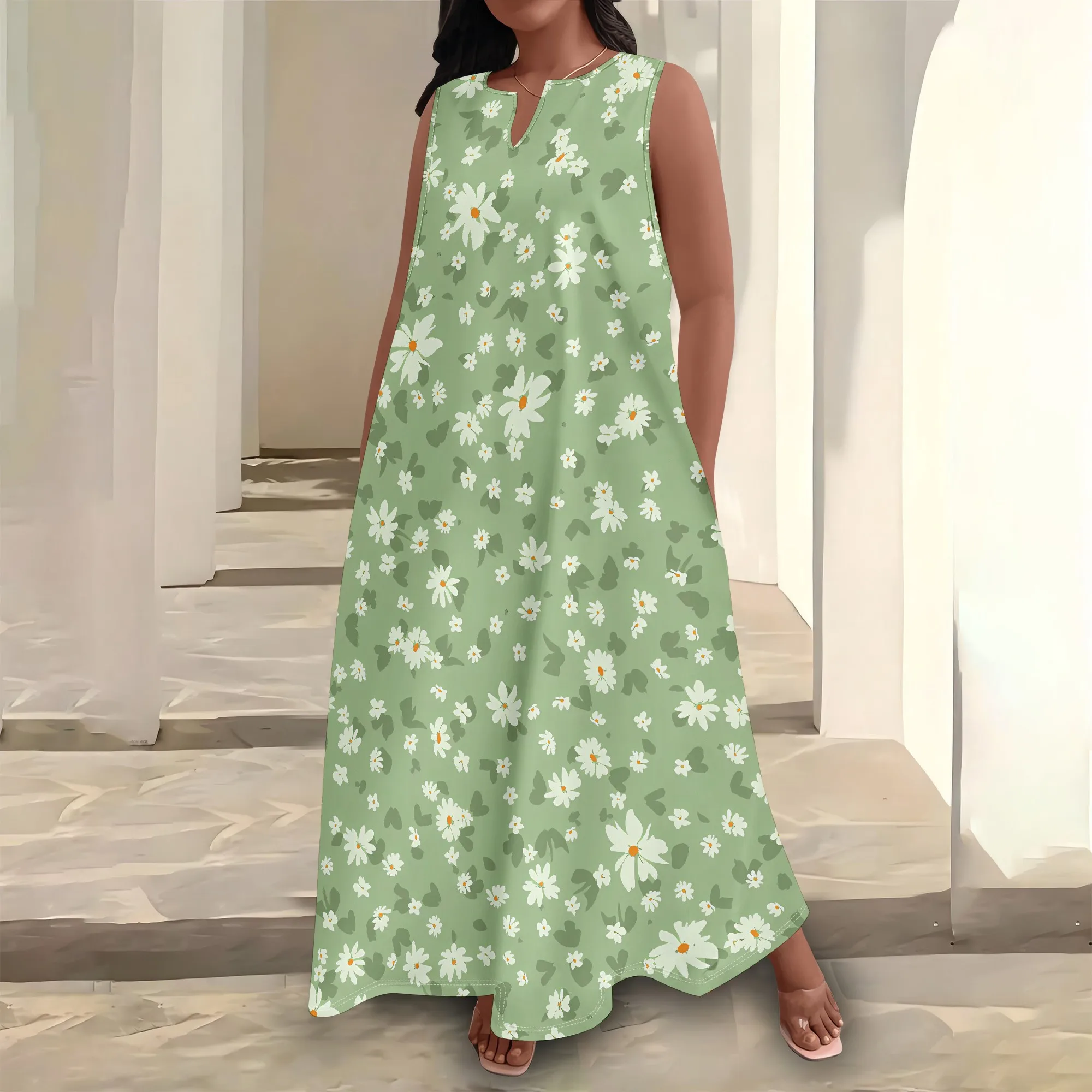 

Plus Size Women's Summerl Fashion Printed African Style Sleeveless Round V Neck Dress Loose And Casual Dress