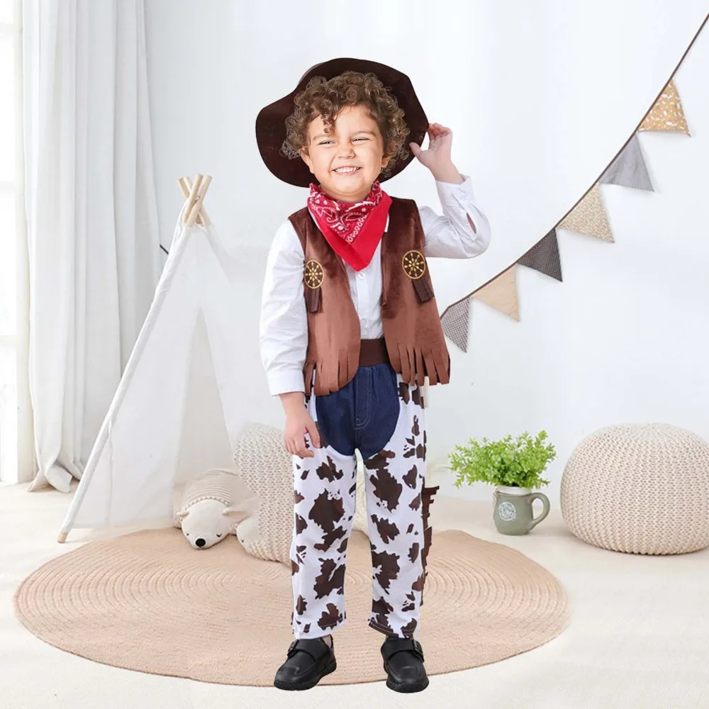

Kids Western Cow boy 4 Piece Costume Set with Hat Toddler Role Play Outfit Festival Performance Wild West Themed Fun Look