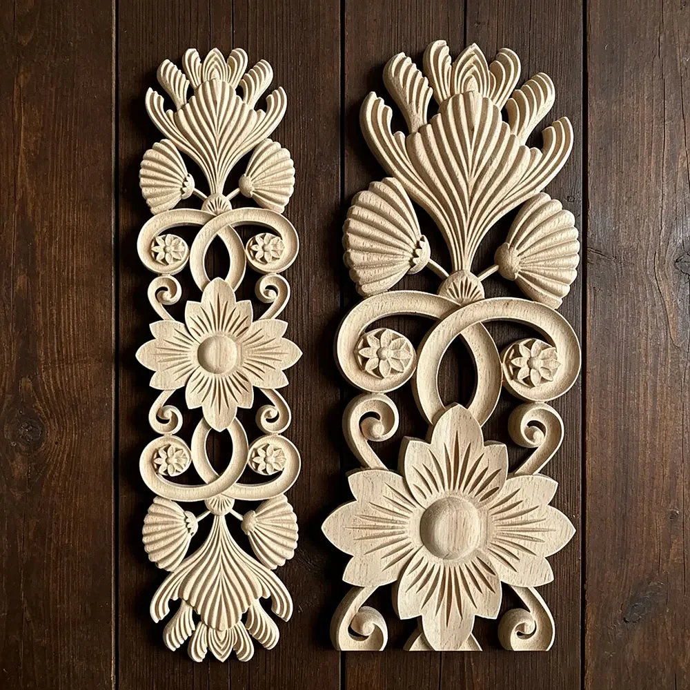 2PCS 55cm Vintage Unpainted Wood Carved Decal Corner Applique Frame for Home Furniture Wall Door Decorative Wooden Miniature