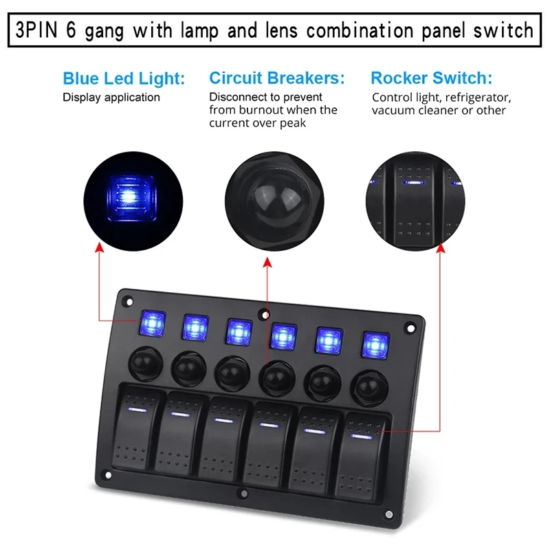 Car Boat Rocker Switch Panel 12V Marine 6 Gang Vehicle Truck Auto Panel Switch Waterproof With Stickers