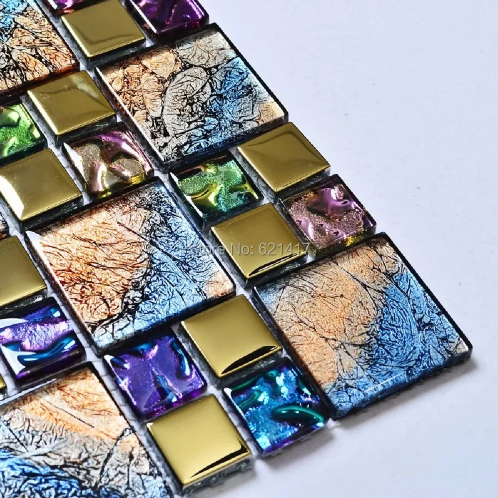 Iridescent seven color symphony gold electroplate crystal glass mosaic tiles for kitchen backsplash decoration bathroom