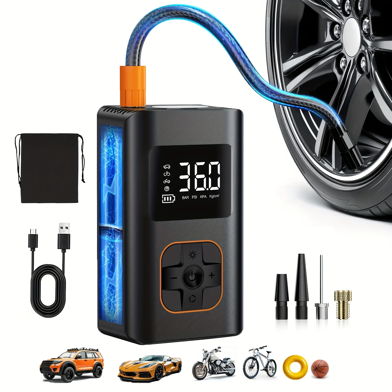 Portable Tire Inflator Air Compressor with Auto Shut-Off, 150Psi Car Tire Pump with Digital Pressure Gauge/Led Light, Rechargeable Lithium Battery, Suitable for Car Tires, Motorcycles, Balls, and Sports Equipment