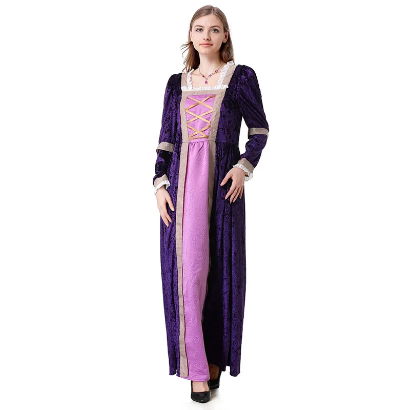 

Female Renaissance Dress Long Sleeve Purple Medieval Costume Role Play Queen Halloween Cosplay Costumes with Lace Trim