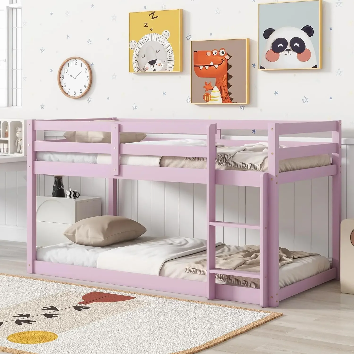 Tempat tidur anak tingkat rendah, tempat tidur kembar di atas lantai kasur tingkat, tempat tidur Junior loteng untuk anak laki-laki perempuan remaja Pink