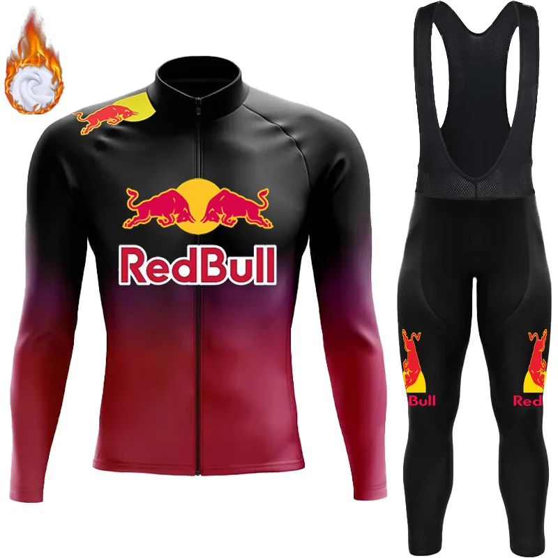 

Cycling Jersey Man Red Bull Thermal Men's Set Winter Fleece Clothing Mens Long Sleeve Clothes 2024 Bib Suit Pants Sportswear Mtb