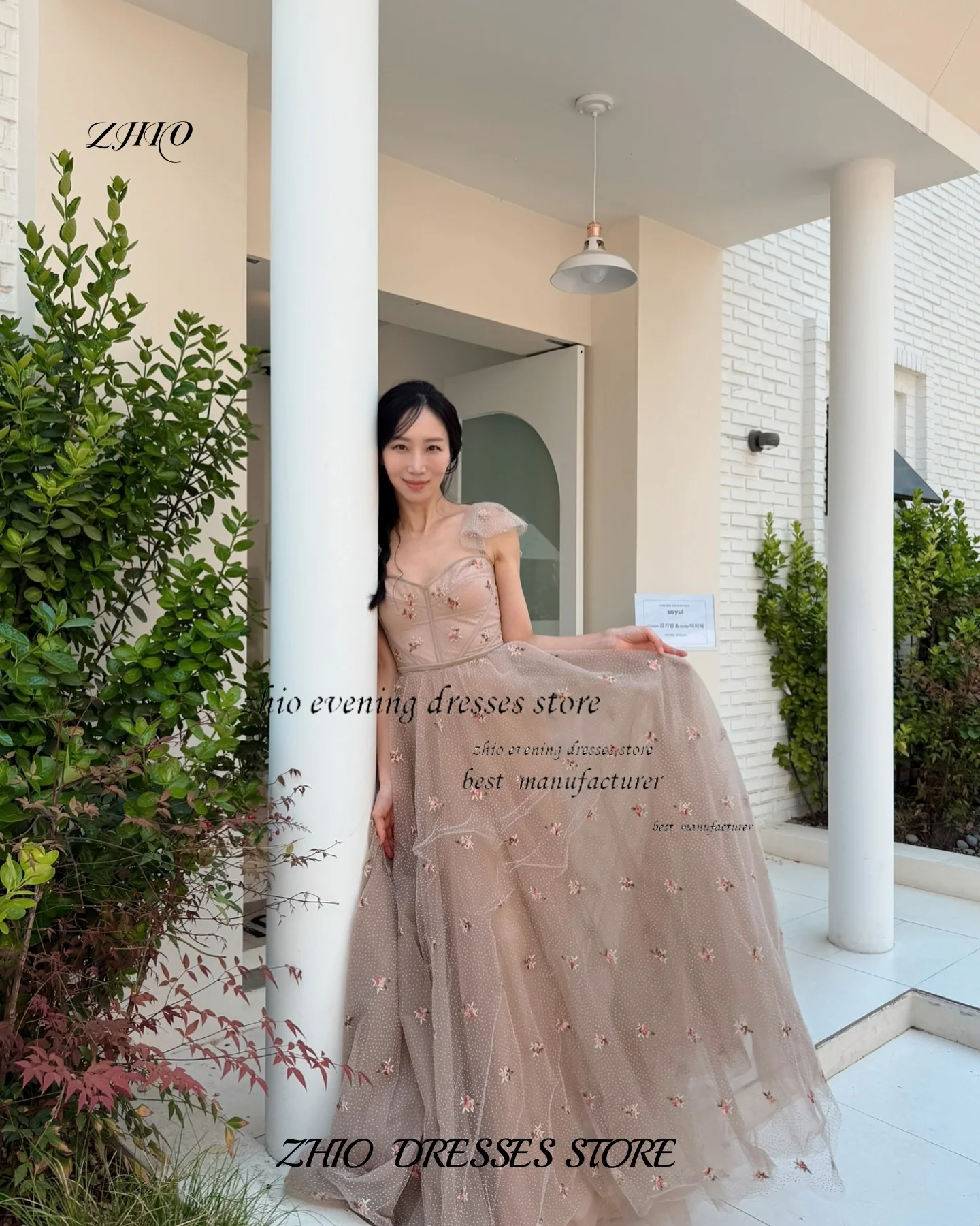 ZHIO Тюлевое корейское вечернее платье цвета шампанского с вырезом в форме сердца и пышными рукавами, трапециевидной формы, длиной до пола, подходит для свадебного платья