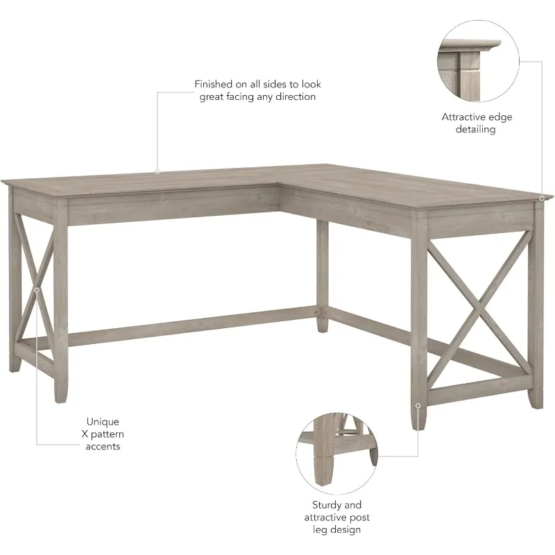 

Key West L Shaped Desk, 60-inch Modern Farmhouse Writing Desk For Home Office