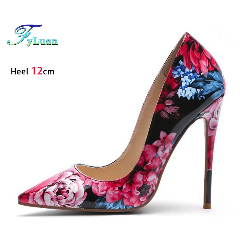 

Fashion Print Flowers High Heels Elegant Women Pointed Toe Single Shoes 12CM Stiletto Color Printing Shallow Mouth Party Pumps