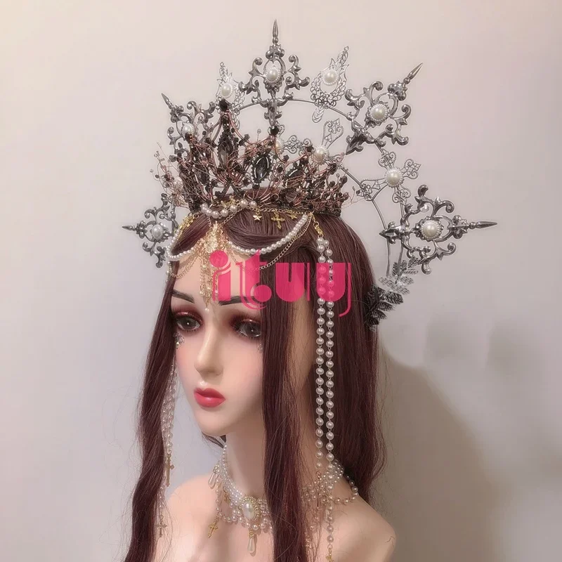 Couronne gothique Halo Lolita, magnifique soleil, chaîne de perles de la vierge marie, couronne Halo noire, couvre-chef d'halloween, accessoires pour cheveux