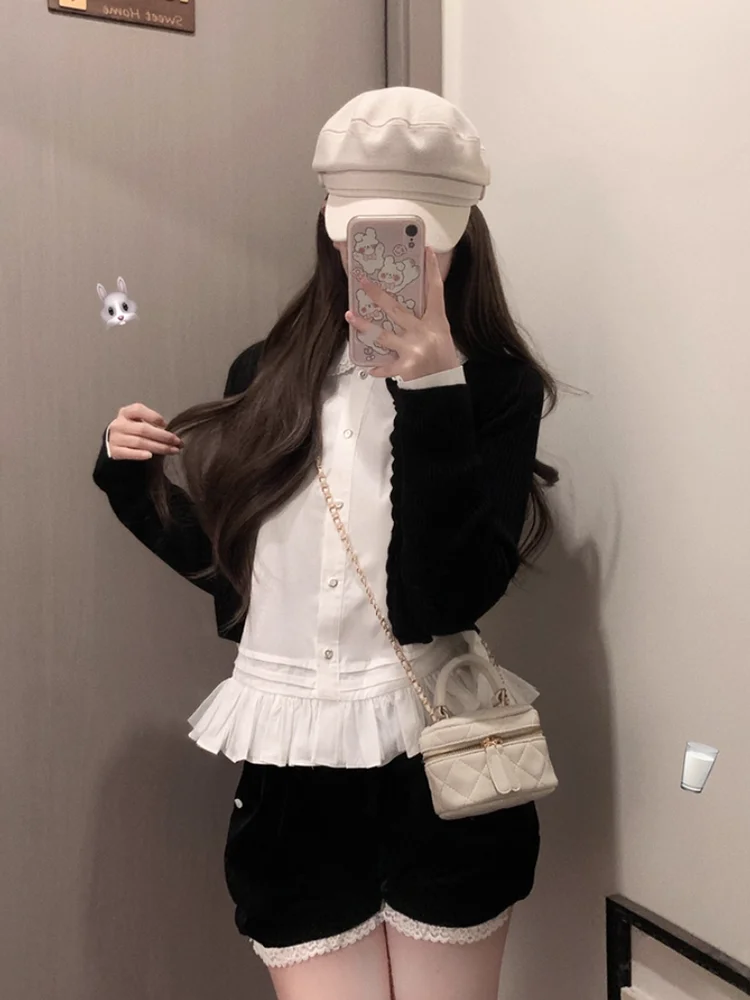 Bla Lace Trim Geborduurde Pop Kraag Lange Sve irt Dames Faion Set Tweedelige Suite Herfst 2025, Nieuwe Sle Ele