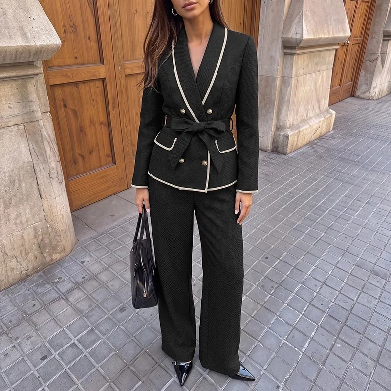 Women's Elegant 2 Piece Business Suit Set with Belted Peplum Blazer Jacket And Flare Pants 2 Piece Formal Office Business Outfit