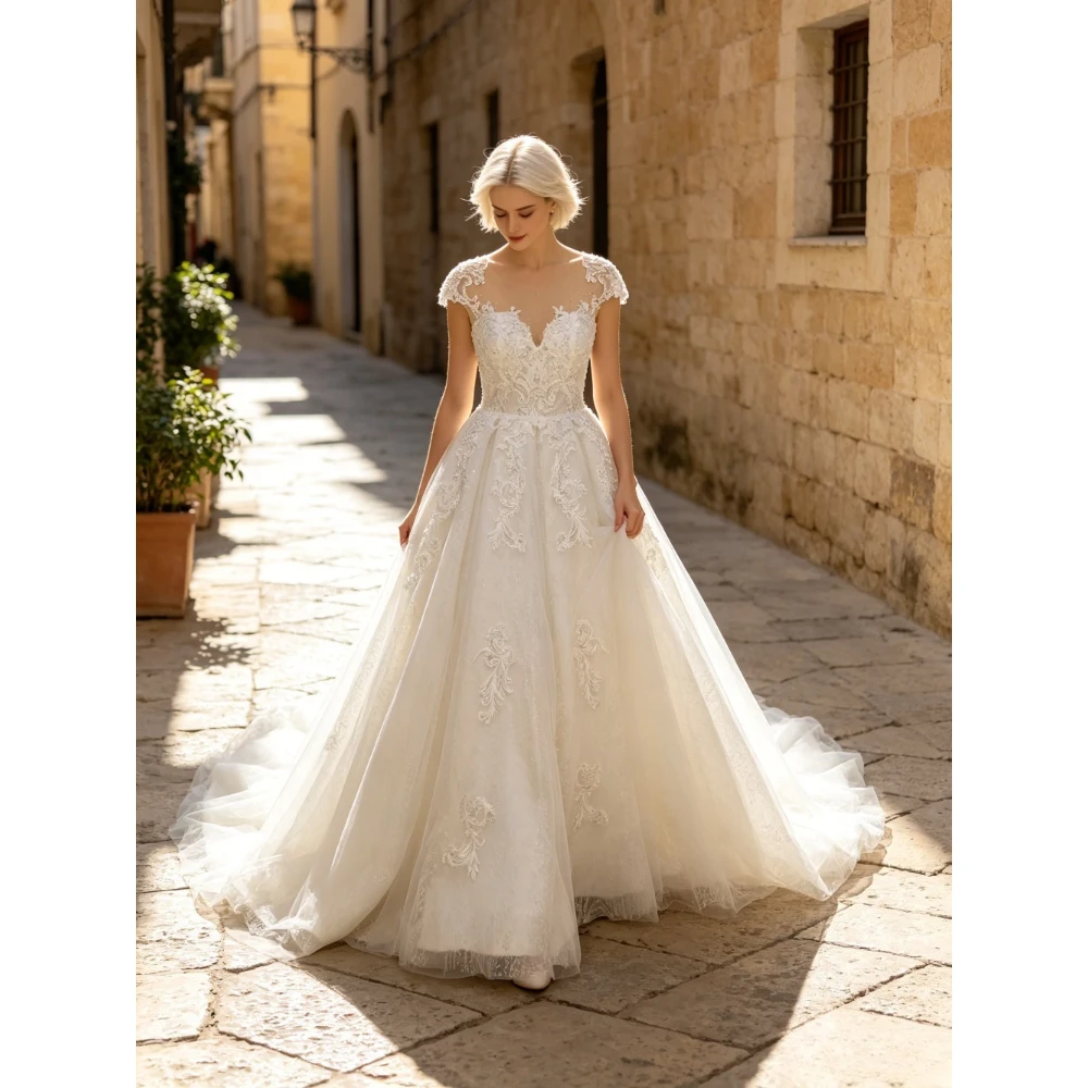 Customized Lace Short Sleeved Applique Wedding Dresses 2026 with Backless V-neck and Large Tail Elegant Bride Suitable for Beach