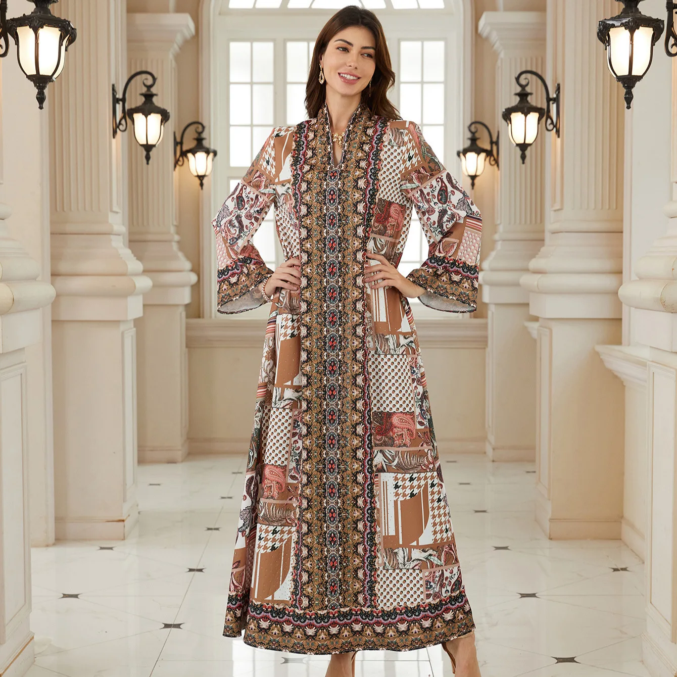 Middle East Morocco Saudi Arabia Dubai Spring New Printed Luxury Hot Diamond Fashion Robe Ethnic Style Islamic Dress