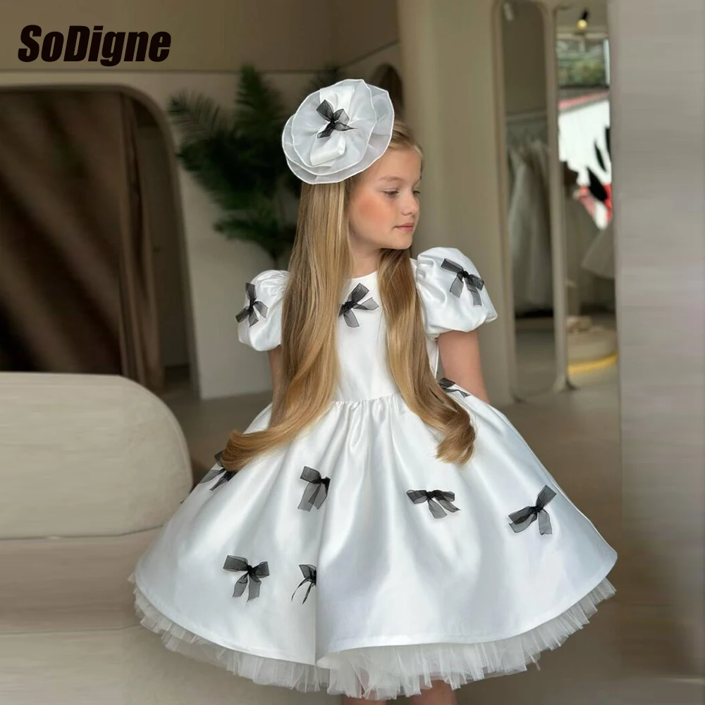 

SoDigne A-line Short Flower Girl Dress Satin O-neck Puffy Sleeves Princess Kid Gown Girls Birthday Party Dresses Customized