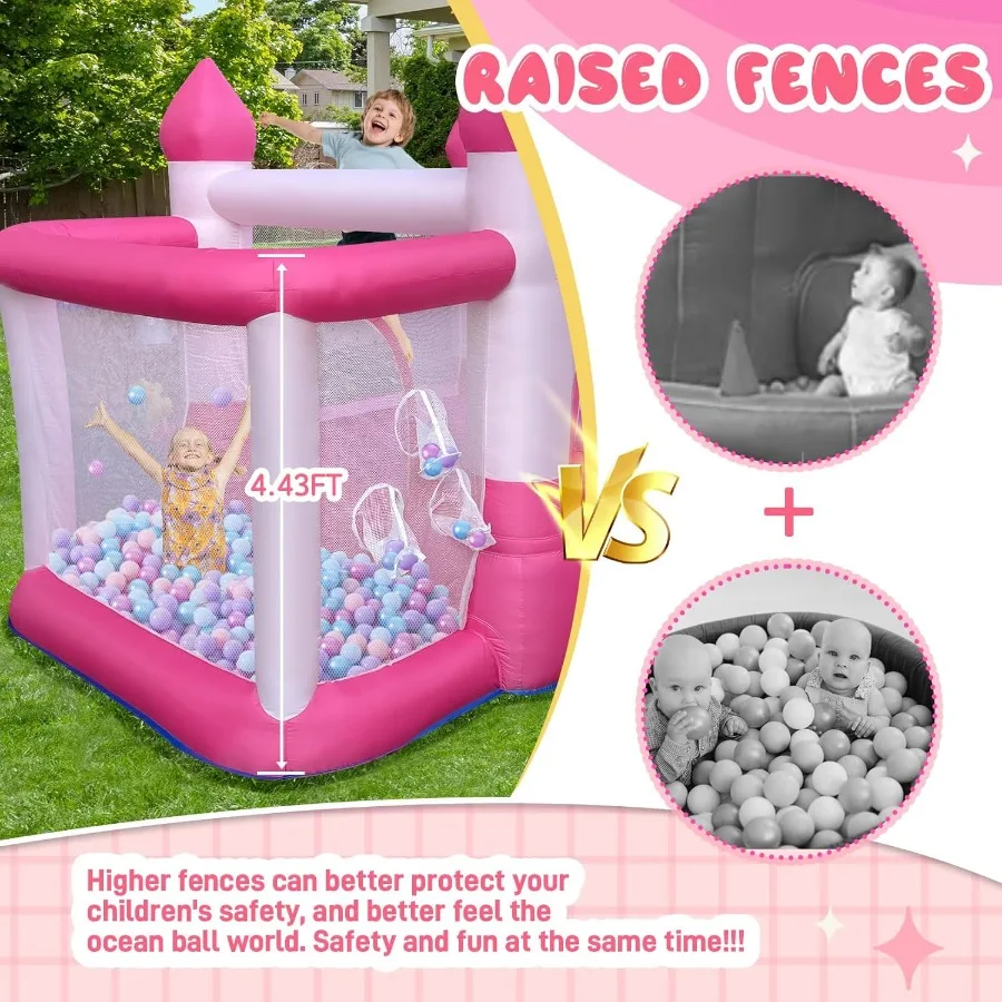 Casa da rimbalzo gonfiabileCasa da rimbalzo per interni rosa con pozzo di palline Casa gonfiabile da salto con scivolo per canestro da basket B