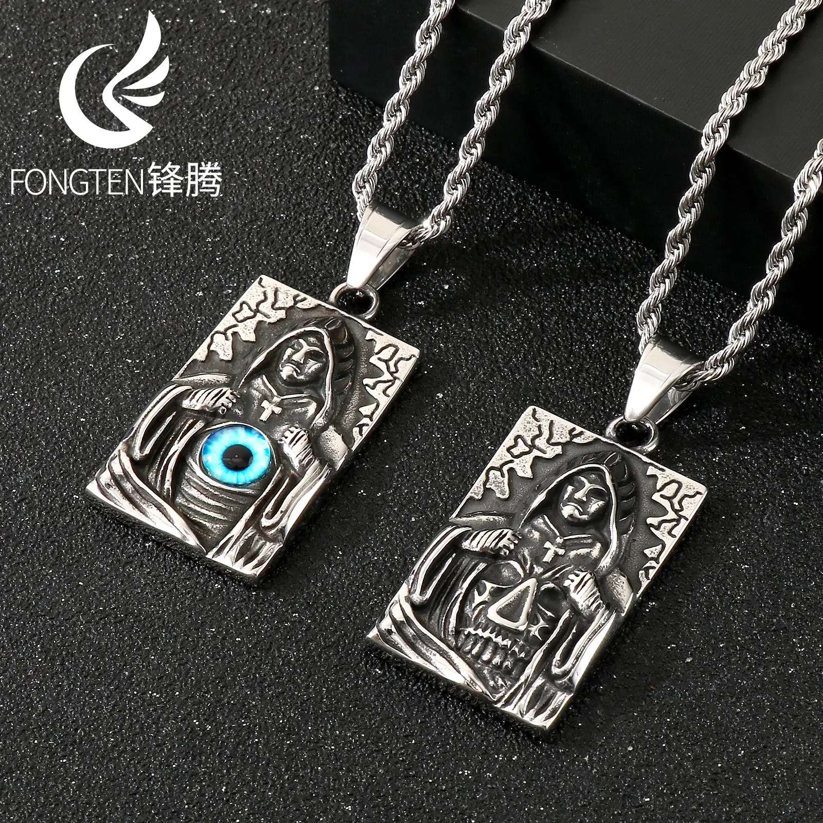 Fongten Vintage Personalized Stainless Steel Creative Cross Evil Eye Pendant Necklace Hip Hop Fried Dough Twists Chain Jewelry