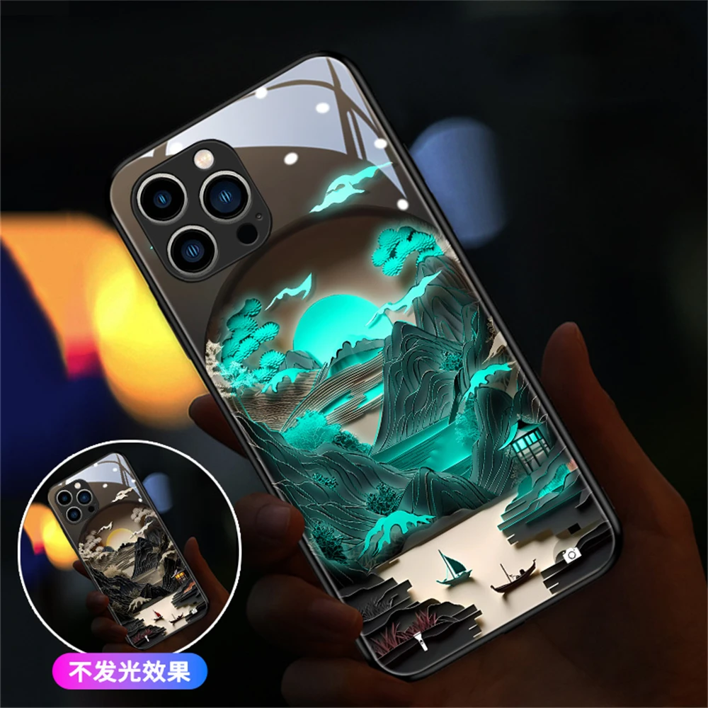 Japan Mount Fuji Design Sound Control LED Flash Cases Light Up Glass Cover For Honor 200 100 90 80 70 60 50 30 Pro