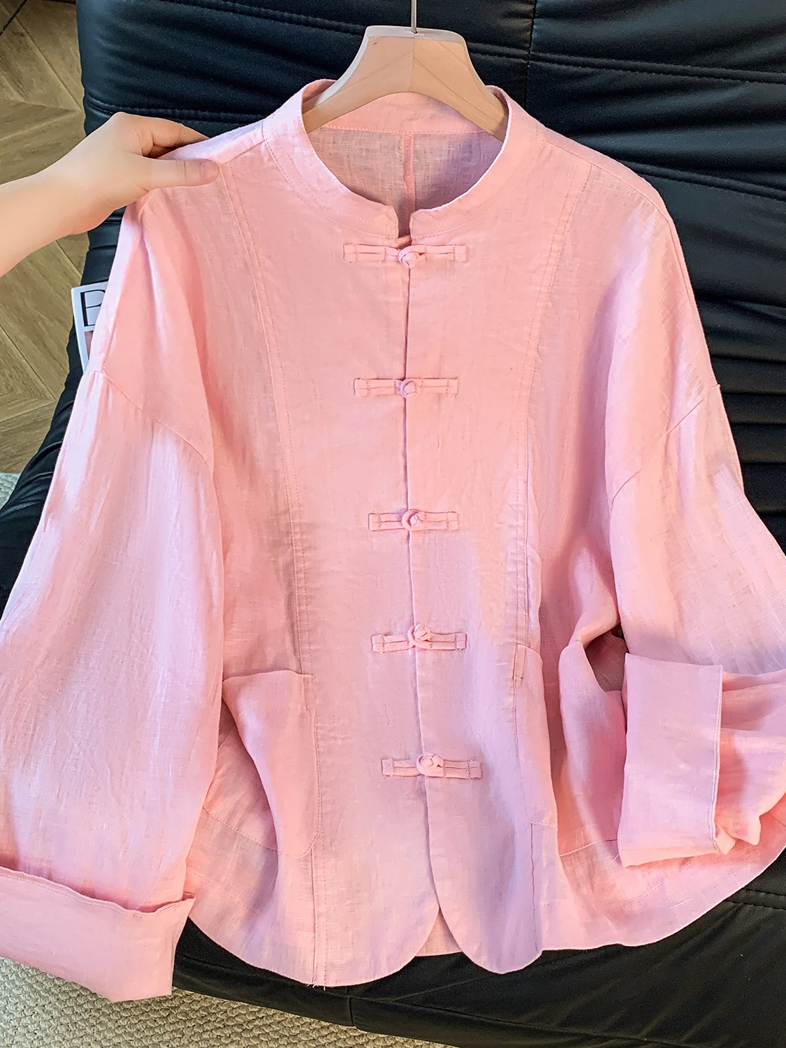 

New Chinese Sle Pink Linen Jaet 2025 Autumn New Large Size Women's Ele National Sle Button Stand Collar Long Sve...