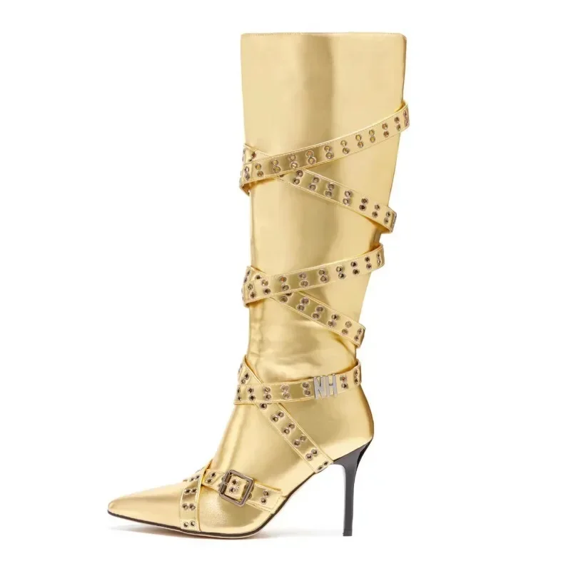 

2024 New Vintage Spicy Girl Lace Pointed Motorcycle Boots With Rivet Heels High Heels,Fashion Side Zipper Women's Boots