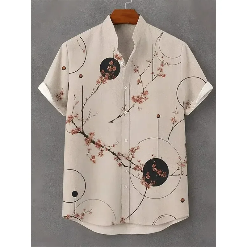 New men's artistic short sleeved shirt with Chinese style Shenlong Mountain and Sea design for daily commuting